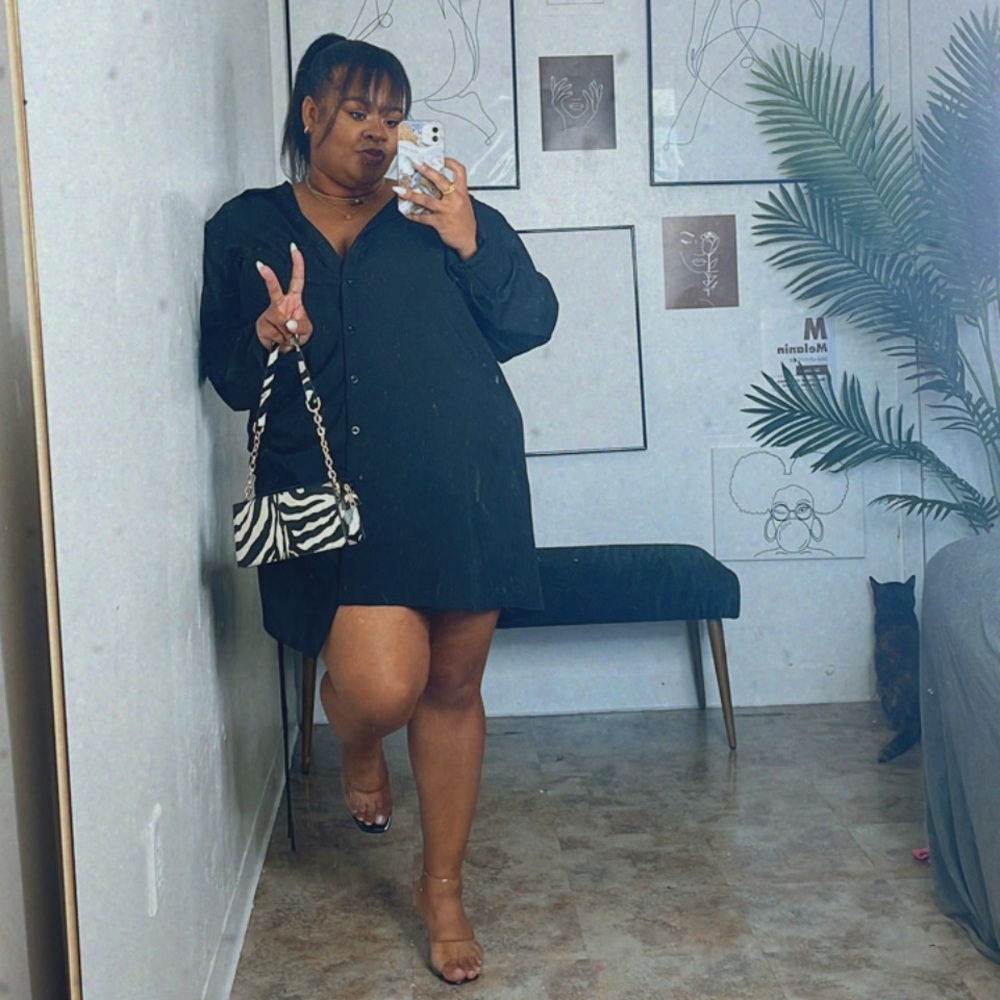 Black Ruched Front Shirt Dress